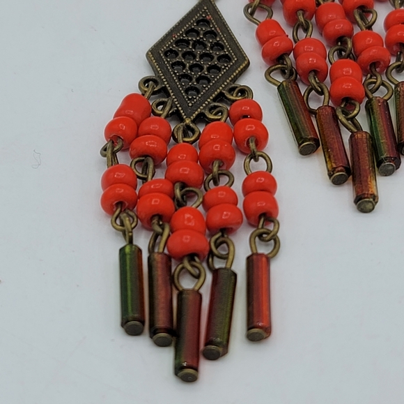 Handmade Czech Glass Beaded Brass Chandelier Earrings Vintage, 3.5" - Picture 4 of 9